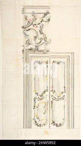 Arte ispirata al Design per una porta e stucco decorazione di porte, ca. 1740–60, penna e inchiostro nero e marrone con lavaggio grigio, su un profilo di grafite, foglio: 13 x 7 3/8 pollici (33 x 18,7 cm), Anonimo, Italiano, 18th secolo ?, questo disegno mostra un disegno per una porta e la porta, entrambi, opere classiche modernizzate da Artotop con un tuffo di modernità. Forme, colore e valore, impatto visivo accattivante sulle emozioni artistiche attraverso la libertà delle opere d'arte in modo contemporaneo. Un messaggio senza tempo che persegue una nuova direzione selvaggiamente creativa. Artisti che si rivolgono al supporto digitale e creano l'NFT Artotop Foto Stock