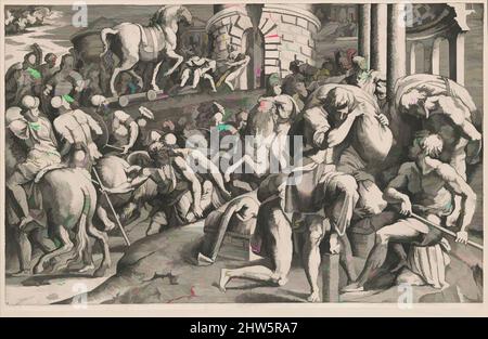 Arte ispirata ai Trojan che tirano il cavallo di legno nella città, 1545, incisione, foglio (rifinito): 16 poll. x 25 1/8 poll. (40,7 x 63,8 cm), Prints, Giulio Bonasone (italiano, Roma attiva e Bologna, 1531–dopo il 1576), dopo Francesco Primaticcio (italiano, Bologna 1504/5–1570 Parigi, opere classiche modernizzate da Artotop con un tuffo di modernità. Forme, colore e valore, impatto visivo accattivante sulle emozioni artistiche attraverso la libertà delle opere d'arte in modo contemporaneo. Un messaggio senza tempo che persegue una nuova direzione selvaggiamente creativa. Artisti che si rivolgono al supporto digitale e creano l'NFT Artotop Foto Stock