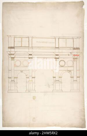 Arte ispirata dall'Arco di Costantino, Arco di Costantino, piano parziale (recto), profili di base, albero ed entablatura (verso), ca. 1540–60, inchiostro marrone scuro, gesso nero e linee incise, foglio: 17 5/16 x 11 9/16 pollici (44 x 29,3 cm, opere classiche modernizzate da Artotop con un tuffo di modernità. Forme, colore e valore, impatto visivo accattivante sulle emozioni artistiche attraverso la libertà delle opere d'arte in modo contemporaneo. Un messaggio senza tempo che persegue una nuova direzione selvaggiamente creativa. Artisti che si rivolgono al supporto digitale e creano l'NFT Artotop Foto Stock