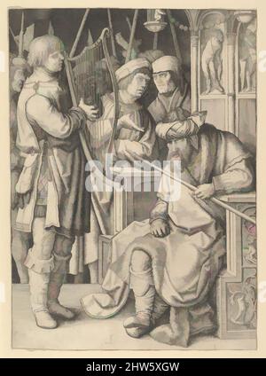 Arte ispirata da David giocando l'arpa prima di Saul, ca. 1508, incisione; primo stato, foglio: 10 x 7 1/4 poll. (25,4 x 18,4 cm), stampe, Lucas van Leyden (Olanda, Leida ca. 1494–1533 Leiden, opere classiche modernizzate da Artotop con un tocco di modernità. Forme, colore e valore, impatto visivo accattivante sulle emozioni artistiche attraverso la libertà delle opere d'arte in modo contemporaneo. Un messaggio senza tempo che persegue una nuova direzione selvaggiamente creativa. Artisti che si rivolgono al supporto digitale e creano l'NFT Artotop Foto Stock