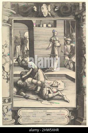 Arte ispirata a Jael uccidendo Sisera, cornice ornamentale, ca. 1517, Woodcut; secondo stato, foglio: 13 1/2 x 9 1/8 poll. (34,3 x 23,2 cm), stampe, Lucas van Leyden (Olanda, Leida ca. 1494–1533 Leiden, opere classiche modernizzate da Artotop con un tocco di modernità. Forme, colore e valore, impatto visivo accattivante sulle emozioni artistiche attraverso la libertà delle opere d'arte in modo contemporaneo. Un messaggio senza tempo che persegue una nuova direzione selvaggiamente creativa. Artisti che si rivolgono al supporto digitale e creano l'NFT Artotop Foto Stock
