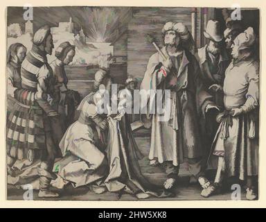Art Inspired by Potiphar's moglie Acuses Joseph, 1512, Engraving; First state, foglio: 4 3/4 x 6 5/16 in. (12,1 x 16 cm), stampe, Lucas van Leyden (Olanda, Leida ca. 1494–1533 Leiden, opere classiche modernizzate da Artotop con un tocco di modernità. Forme, colore e valore, impatto visivo accattivante sulle emozioni artistiche attraverso la libertà delle opere d'arte in modo contemporaneo. Un messaggio senza tempo che persegue una nuova direzione selvaggiamente creativa. Artisti che si rivolgono al supporto digitale e creano l'NFT Artotop Foto Stock