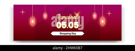 Vendita banner Ramadhan o modello ramadan in rosso. Moderna disposizione a gradiente minimale con elemento di design moschea. Illustrazione Vettoriale