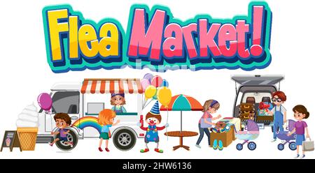 Logo del mercato delle pulci con illustrazione dei personaggi dei cartoni animati Illustrazione Vettoriale