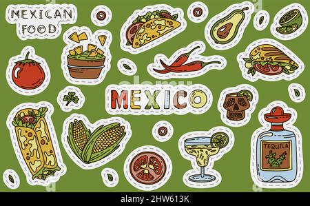 Cucina messicana, set di cibi a base di barbatella vettoriale. Piatti nazionali speziati, fast food, snack. Illustrazione dello schizzo per il ristorante, il menu, la caffetteria. Fiesta mexicana Illustrazione Vettoriale