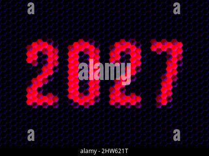 Segno dell'anno 2027 con griglia di pixel esadecimali. Numero o cifre di Capodanno per la carta o il calendario delle feste. Illustrazione Vettoriale