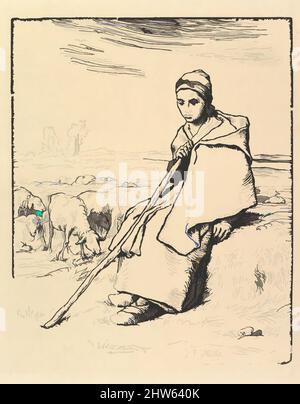 Arte ispirata alla Shepherdess seduto, 1830–75, Woodcut su colé di conchine; secondo stato (finale), blocco: 10 5/8 x 8 9/16 poll. (27 x 21,8 cm), stampe, incise da Jean-Baptiste Millet (francese, opere classiche modernizzate da Artotop con un tuffo di modernità. Forme, colore e valore, impatto visivo accattivante sulle emozioni artistiche attraverso la libertà delle opere d'arte in modo contemporaneo. Un messaggio senza tempo che persegue una nuova direzione selvaggiamente creativa. Artisti che si rivolgono al supporto digitale e creano l'NFT Artotop Foto Stock