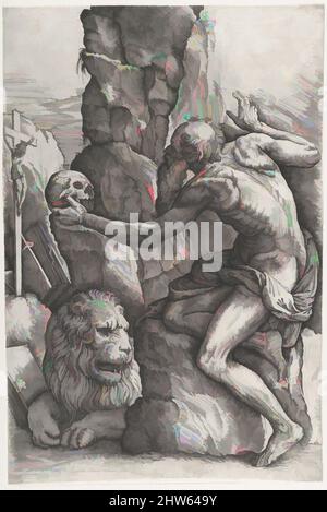 Arte ispirata a San Girolamo meditando su un cranio, ca. 1550-60, incisione e incisione, secondo stato, foglio: 17 1/2 x 11 1/2 poll. (44,5 x 29,2 cm) rifilato su platemark, Prints, Battista Franco (Italiano, Venezia ca. 1510–1561 Venezia, opere classiche modernizzate da Artotop con un tocco di modernità. Forme, colore e valore, impatto visivo accattivante sulle emozioni artistiche attraverso la libertà delle opere d'arte in modo contemporaneo. Un messaggio senza tempo che persegue una nuova direzione selvaggiamente creativa. Artisti che si rivolgono al supporto digitale e creano l'NFT Artotop Foto Stock