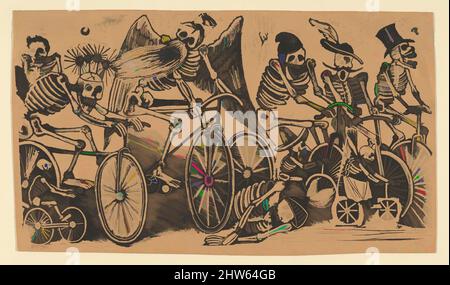 Arte ispirata agli scheletri (calaveras) che cavalcano biciclette, ca. 1900, incisione su zinco, foglio: 6 1/16 x 10 9/16 poll. (15,4 x 26,8 cm), Prints, José Guadalupe Posada (messicano, 1851–1913, opere classiche modernizzate da Artotop con un tuffo di modernità. Forme, colore e valore, impatto visivo accattivante sulle emozioni artistiche attraverso la libertà delle opere d'arte in modo contemporaneo. Un messaggio senza tempo che persegue una nuova direzione selvaggiamente creativa. Artisti che si rivolgono al supporto digitale e creano l'NFT Artotop Foto Stock