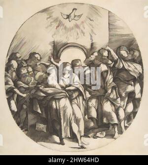 Arte ispirata dallo Spirito Santo come uccello che discende con ali sparse in alto al centro; i dodici Apostoli che si levano in piedi al di sotto di esso, di fronte ad un arco, 1518, incisione, piatto: 7 3/8 x 6 7/8 pollici. (18,7 x 17,5 cm), stampe, Domenico Campagnola (Italiano, Venezia (?) 1500–1564 Padova, opere classiche modernizzate da Artotop con un tuffo di modernità. Forme, colore e valore, impatto visivo accattivante sulle emozioni artistiche attraverso la libertà delle opere d'arte in modo contemporaneo. Un messaggio senza tempo che persegue una nuova direzione selvaggiamente creativa. Artisti che si rivolgono al supporto digitale e creano l'NFT Artotop Foto Stock