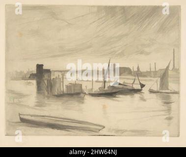 Art Inspired by Early Morning, Battersea (Battersea Dawn) (Cadogan Pier), probabilmente 1863, etching e drypoint; second state of Two (Glasgow); stampato in inchiostro nero su crema posata Giappone, piatto: 4 1/2 x 5 15/16 pollici. (11,4 x 15,1 cm), Prints, James McNeill Whistler (American, Lowell, Classic opere modernizzate da Artotop con un tuffo di modernità. Forme, colore e valore, impatto visivo accattivante sulle emozioni artistiche attraverso la libertà delle opere d'arte in modo contemporaneo. Un messaggio senza tempo che persegue una nuova direzione selvaggiamente creativa. Artisti che si rivolgono al supporto digitale e creano l'NFT Artotop Foto Stock