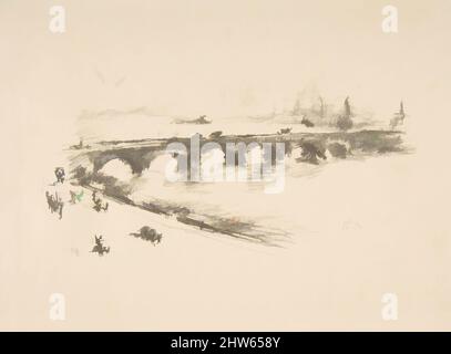 Arte ispirata alla sera, Little Waterloo Bridge, 1896, litografia di trasferimento con punture, disegnata su carta di trasferimento bianca con una texture in pietra granata; seconda stateof Two (Chicago); stampata con inchiostro nero su carta di media grammatura, immagine: 3 11/16 x 7 5/8 in. (9,3 x 19,4 cm), stampe, opere classiche modernizzate da Artotop con un tuffo di modernità. Forme, colore e valore, impatto visivo accattivante sulle emozioni artistiche attraverso la libertà delle opere d'arte in modo contemporaneo. Un messaggio senza tempo che persegue una nuova direzione selvaggiamente creativa. Artisti che si rivolgono al supporto digitale e creano l'NFT Artotop Foto Stock