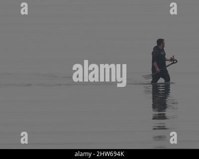 Sheerness, Kent, Regno Unito. 4th Mar 2022. UK Meteo: Una mattina nebbia e marea ultra bassa a Sheerness, Kent. Un scavatore di esca alla bassa marea. Credit: James Bell/Alamy Live News Foto Stock