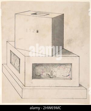 Arte ispirata al disegno perspectivale di una base colonna con Cubo, 1528, penna e inchiostro nero, pennello e grigio, foglio: 4 1/4 x 3 3/4 pollici. (10,8 x 9,5 cm), disegni, Peter Flötner (tedesco, Turgau 1485–1546 Norimberga), per artisti rinascimentali, La rappresentazione della geometria era spesso un classico, opere modernizzate da Artotop con un tuffo di modernità. Forme, colore e valore, impatto visivo accattivante sulle emozioni artistiche attraverso la libertà delle opere d'arte in modo contemporaneo. Un messaggio senza tempo che persegue una nuova direzione selvaggiamente creativa. Artisti che si rivolgono al supporto digitale e creano l'NFT Artotop Foto Stock