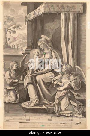 Arte ispirata da Vergine e Bambino intronata con due Angeli musicali, n.d., incisione; primo stato, foglio: 11 x 7 5/16 pollici (28 x 18,5 cm), Prints, Jan (Johannes) Wierix (Olanda, Anversa 1549–1615 Bruxelles), dopo Maerten de Vos (Olanda, Anversa 1532–1603 Anversa, opere classiche modernizzate da Artotop con un tuffo nella modernità. Forme, colore e valore, impatto visivo accattivante sulle emozioni artistiche attraverso la libertà delle opere d'arte in modo contemporaneo. Un messaggio senza tempo che persegue una nuova direzione selvaggiamente creativa. Artisti che si rivolgono al supporto digitale e creano l'NFT Artotop Foto Stock