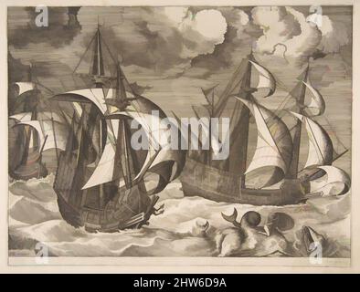 Arte ispirata a tre caravelle in una squall in ascesa con Arion su un delfino dalle navi a vela, 1561–65, incisione; primo stato di sei, foglio: 10 1/4 x 21 3/16 pollici. (26,1 x 53,8 cm), stampe, dopo Pieter Bruegel il Vecchio (Olanda, Breda (?) circa 1525–1569 Bruxelles), Frans Huys, opere classiche modernizzate da Artotop con un tocco di modernità. Forme, colore e valore, impatto visivo accattivante sulle emozioni artistiche attraverso la libertà delle opere d'arte in modo contemporaneo. Un messaggio senza tempo che persegue una nuova direzione selvaggiamente creativa. Artisti che si rivolgono al supporto digitale e creano l'NFT Artotop Foto Stock