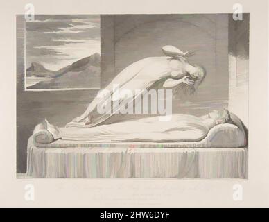 Art inspired by The Soul Hovering over the Body, Reluctantly Parting with Life, from The Grave, a Poem by Robert Blair, March 1, 1813, Engraving, plate: 6 3/8 x 8 15/16 in. (16.2 x 22.7 cm), Prints, Luigi Schiavonetti (Italian, Bassano del Grappa 1765–1810 London), After William Blake, Classic works modernized by Artotop with a splash of modernity. Shapes, color and value, eye-catching visual impact on art. Emotions through freedom of artworks in a contemporary way. A timeless message pursuing a wildly creative new direction. Artists turning to the digital medium and creating the Artotop NFT Foto Stock