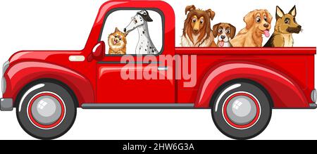 Molti cani che cavalcano sul camion rosso illustrazione Illustrazione Vettoriale