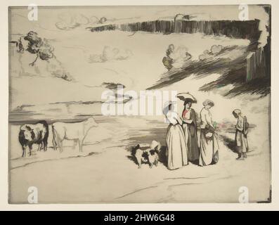 Arte ispirata a Les Demoiselles de Village, dopo Courbet, 1850–1914, incisione su carta; seconda (?) stato di tre, foglio: 12 13/16 x 16 15/16 poll. (32,5 x 43 cm), stampe, Félix Bracquemond (francese, Parigi 1833–1914 Sèvres), dopo Gustave Courbet (francese, Ornans 1819–1877 la Tour-de-, opere classiche modernizzate da Artotop con un tuffo di modernità. Forme, colore e valore, impatto visivo accattivante sulle emozioni artistiche attraverso la libertà delle opere d'arte in modo contemporaneo. Un messaggio senza tempo che persegue una nuova direzione selvaggiamente creativa. Artisti che si rivolgono al supporto digitale e creano l'NFT Artotop Foto Stock