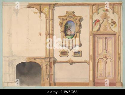 Arte ispirata dal design per la decorazione di un muro punteggiato da un camino e una porta e appeso con quadri a cornice d'oro, 1830–97, grafite, acquerello e vernice d'oro su carta di vove; montato su carta di vove blu, tuta: 10 3/8 x 14 13/16 pollici. (26,4 x 37,6 cm), disegni, Jules-Edmond-, opere classiche modernizzate da Artotop con un tocco di modernità. Forme, colore e valore, impatto visivo accattivante sulle emozioni artistiche attraverso la libertà delle opere d'arte in modo contemporaneo. Un messaggio senza tempo che persegue una nuova direzione selvaggiamente creativa. Artisti che si rivolgono al supporto digitale e creano l'NFT Artotop Foto Stock