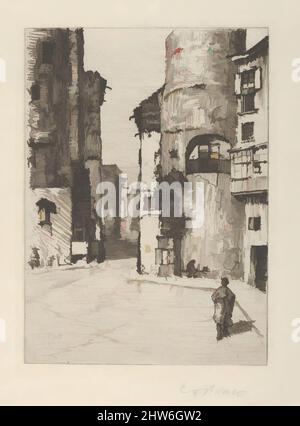 Art Inspired by Old Gate-Tower at Barcelona, 1885, Etching; Published state, Plate: 6 3/16 x 4 1/2 in. (15,7 x 11,4 cm), Prints, Charles Adams Platt (americano, New York 1861–1933, opere classiche modernizzate da Artotop con un tuffo di modernità. Forme, colore e valore, impatto visivo accattivante sulle emozioni artistiche attraverso la libertà delle opere d'arte in modo contemporaneo. Un messaggio senza tempo che persegue una nuova direzione selvaggiamente creativa. Artisti che si rivolgono al supporto digitale e creano l'NFT Artotop Foto Stock