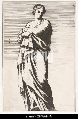 Arte ispirata alla figura femminile in piedi, ca. 1739–40, incisione, foglio: 4 1/2 x 2 15/16 poll. (11,4 x 7,5 cm), Prints, Pierre Ignace Parrocel (francese, 1702–1775, opere classiche modernizzate da Artotop con un tuffo di modernità. Forme, colore e valore, impatto visivo accattivante sulle emozioni artistiche attraverso la libertà delle opere d'arte in modo contemporaneo. Un messaggio senza tempo che persegue una nuova direzione selvaggiamente creativa. Artisti che si rivolgono al supporto digitale e creano l'NFT Artotop Foto Stock