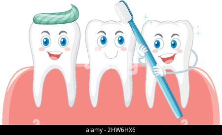 Denti felici che si spazzolano con un dentifricio su sfondo bianco illustrazione Illustrazione Vettoriale