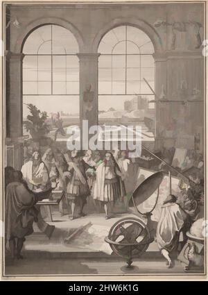 Arte ispirata da Luigi XIV visitando la Royal Academy of Sciences, 1671, incisione, foglio: 16 1/2 x 12 1/8 pollici. (41,9 x 30,8 cm), stampe, Sébastien Leclerc i (francese, Metz 1637–1714 Parigi, opere classiche modernizzate da Artotop con un tuffo di modernità. Forme, colore e valore, impatto visivo accattivante sulle emozioni artistiche attraverso la libertà delle opere d'arte in modo contemporaneo. Un messaggio senza tempo che persegue una nuova direzione selvaggiamente creativa. Artisti che si rivolgono al supporto digitale e creano l'NFT Artotop Foto Stock