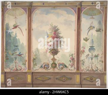 Arte ispirata da Design for a Wall with a Flower Vase, Birds, Two Gold Fish and Globe Fountains, 19th Century, Ink and Watercolor, Anonymous, British, 19th secolo, opere classiche modernizzate da Artotop con un tuffo di modernità. Forme, colore e valore, impatto visivo accattivante sulle emozioni artistiche attraverso la libertà delle opere d'arte in modo contemporaneo. Un messaggio senza tempo che persegue una nuova direzione selvaggiamente creativa. Artisti che si rivolgono al supporto digitale e creano l'NFT Artotop Foto Stock