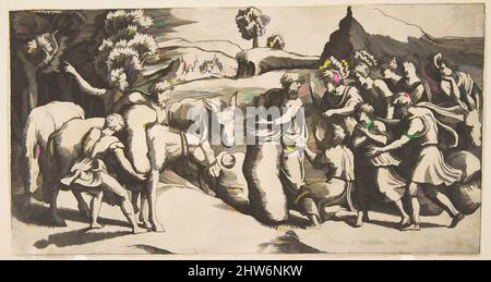 Arte ispirata alla tazza di Giuseppe che viene scoperta nel sacco di grano di Benjamin, ca. 1580–90, incisione, piastra: 5 1/4 x 9 5/8 poll. (13,3 x 24,5 cm), stampe, monogramma PVO (attivo ca. 1580–90), dopo Giulio Bonasone (italiano, attivo Roma e Bologna, 1531–dopo il 1576), dopo Raffaello (, opere classiche modernizzate da Artotop con un tuffo di modernità. Forme, colore e valore, impatto visivo accattivante sulle emozioni artistiche attraverso la libertà delle opere d'arte in modo contemporaneo. Un messaggio senza tempo che persegue una nuova direzione selvaggiamente creativa. Artisti che si rivolgono al supporto digitale e creano l'NFT Artotop Foto Stock