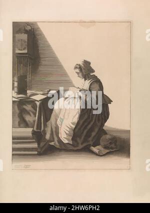 Arte ispirata da Una giovane donna Ruffling, piatto 2 da cinque occupazioni femminili, ca. 1640–57, incisione, piastra: 8 1/16 x 6 1/2 poll. (20,5 x 16,5 cm), Prints, Geertruydt Roghman (olandese, Amsterdam 1625–1651/57 Amsterdam (?)), Roghman, di una famiglia di artisti di Amsterdam, è noto per alcuni, opere classiche modernizzate da Artotop con un tuffo di modernità. Forme, colore e valore, impatto visivo accattivante sulle emozioni artistiche attraverso la libertà delle opere d'arte in modo contemporaneo. Un messaggio senza tempo che persegue una nuova direzione selvaggiamente creativa. Artisti che si rivolgono al supporto digitale e creano l'NFT Artotop Foto Stock