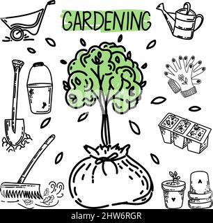 Un insieme di giardinaggio, a mano-disegnato doodle-stile elementi. Piantando alberi giovani. Lavoro in giardino. Attrezzi per il giardino. Semplice stile vettoriale lineare per l Illustrazione Vettoriale