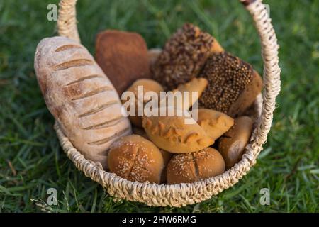 Assorti di gustoso pane fresco e bianco fatto in casa con i semi in cesto di vimini in piedi sul verde erba. Foto di alta qualità Foto Stock