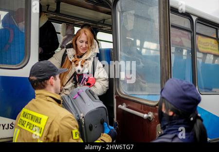 Mlyny, Polonia. 04th Mar 2022. I rifugiati arrivano in autobus presso il centro di raccolta dei rifugiati di Mlyny, un ex centro commerciale a pochi chilometri dal confine ucraino-polacco di Korczowa. Qui arrivano tutti i giorni persone che fuggono dalla guerra in Ucraina. Credit: Kay Nietfeld/dpa/Alamy Live News Foto Stock