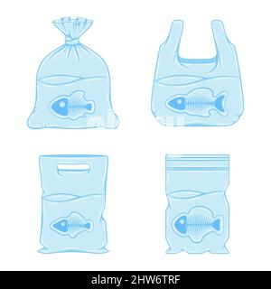 Set di illustrazioni blu con ombra da sacchetti di plastica, imballaggio con pesci e scheletri. Oggetti vettoriali isolati su sfondo bianco. Illustrazione Vettoriale