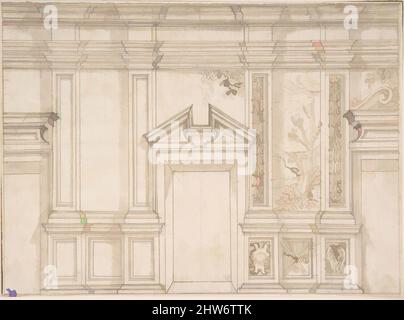 Arte ispirata da Design for a Wall Elevation with Garlands and a Landcape Scene, 17th Century, inchiostro Pen e marrone, spazzola e lavaggio marrone, struttura in grafite sovraromata, foglio: 6 5/8 x 9 poll. (16,8 x 22,8 cm), Anonimo, Italiano, 17th secolo, opere classiche modernizzate da Artotop con un tuffo di modernità. Forme, colore e valore, impatto visivo accattivante sulle emozioni artistiche attraverso la libertà delle opere d'arte in modo contemporaneo. Un messaggio senza tempo che persegue una nuova direzione selvaggiamente creativa. Artisti che si rivolgono al supporto digitale e creano l'NFT Artotop Foto Stock