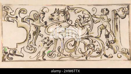 Arte ispirata al grottesco ornamento disegno, 17th secolo, penna e inchiostro marrone, pennello con lavaggio marrone e acquerello verde, su sfondo gesso nero e costruzione rigata, foglio: 10 1/4 x 15 15/16 pollici. (26 x 40,5 cm), disegni, Anonimo, Italiano, 17th secolo, Opere classiche modernizzate da Artotop con un tocco di modernità. Forme, colore e valore, impatto visivo accattivante sulle emozioni artistiche attraverso la libertà delle opere d'arte in modo contemporaneo. Un messaggio senza tempo che persegue una nuova direzione selvaggiamente creativa. Artisti che si rivolgono al supporto digitale e creano l'NFT Artotop Foto Stock