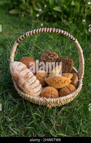 Assorti di gustoso pane fresco e bianco fatto in casa con i semi in cesto di vimini in piedi sul verde erba. Foto di alta qualità Foto Stock