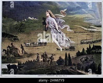 Machine Colourized American Progress - una figura allegorica femminile dei pionieri americani più importanti a ovest, mentre viaggiano a piedi, in una diligenza, un carro conestoga, e dalle ferrovie, dove incontrano nativi americani e mandrie di bisonti dal libro Crofutt's new Overland Tourist e Pacific Coast guide : contenente una descrizione condensata e autentica di oltre mille duecento città, villaggi, stazioni, fortezze e campi governativi, montagne, laghi, fiumi, zolfo, soda e sorgenti termali calde, paesaggi, luoghi d'annaffiamento, e località estive : dove cercare e cacciare il bufalo, formica Foto Stock