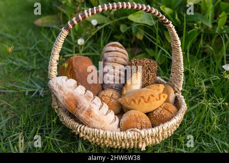 Assorti di gustoso pane fresco e bianco fatto in casa con i semi in cesto di vimini in piedi sul verde erba. Foto di alta qualità Foto Stock