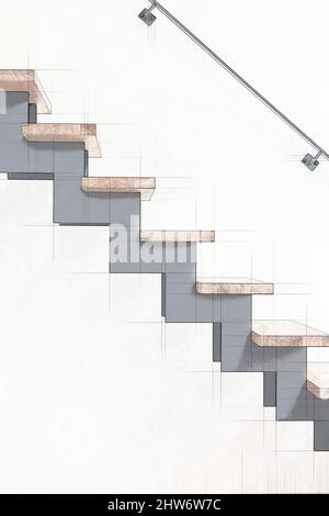 Illustrazione di una scala in legno in un moderno soggiorno ristrutturato Foto Stock