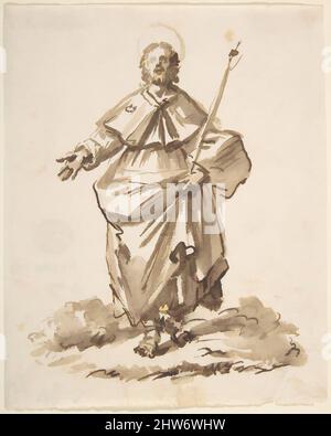 Arte ispirata dallo schizzo di un santo maschio in piedi, ca. 1800, penna e bistre con lavaggi marroni, 5-1/2 x 4-1/2 pollici, disegni, Anonimo, italiano, Italia settentrionale, 18th secolo, opere classiche modernizzate da Artotop con un tuffo di modernità. Forme, colore e valore, impatto visivo accattivante sulle emozioni artistiche attraverso la libertà delle opere d'arte in modo contemporaneo. Un messaggio senza tempo che persegue una nuova direzione selvaggiamente creativa. Artisti che si rivolgono al supporto digitale e creano l'NFT Artotop Foto Stock