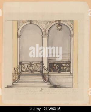 Arte ispirata da Elevation per una scala e un secondo disegno con bagno (unmatted): Design per balaustra in ferro, ca. 1700, penna e inchiostro con lavaggio grigio e giallo, 10 1/2 x 9 1/16 pollici (26,7 x 23 cm), disegni, Anonimo, Francese, 18th secolo, Opere classiche modernizzate da Artotop con un tocco di modernità. Forme, colore e valore, impatto visivo accattivante sulle emozioni artistiche attraverso la libertà delle opere d'arte in modo contemporaneo. Un messaggio senza tempo che persegue una nuova direzione selvaggiamente creativa. Artisti che si rivolgono al supporto digitale e creano l'NFT Artotop Foto Stock