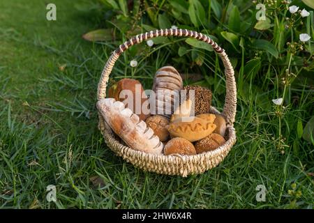 Assorti di gustoso pane fresco e bianco fatto in casa con i semi in cesto di vimini in piedi sul verde erba. Foto di alta qualità Foto Stock