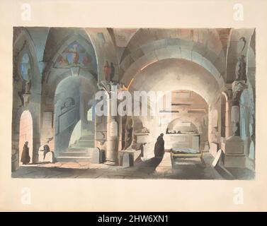 Art Inspired by Design for a Stage Set: Crypt Scene, 1830–40, Watercolor, 7-1/2 x 9-1/4 in, drawings, Anonymous, Italian, 19th Century, Opere classiche modernizzate da Artotop con un tocco di modernità. Forme, colore e valore, impatto visivo accattivante sulle emozioni artistiche attraverso la libertà delle opere d'arte in modo contemporaneo. Un messaggio senza tempo che persegue una nuova direzione selvaggiamente creativa. Artisti che si rivolgono al supporto digitale e creano l'NFT Artotop Foto Stock