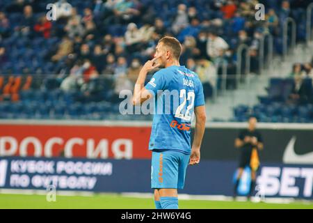 Artem Dzyuba (No.22) visto durante la partita di calcio della Coppa Russa tra Zenit San Pietroburgo e Kamaz Naberezhnye Chelny alla Gazprom Arena. Punteggio finale; Zenit 6:0 Kamaz. Foto Stock