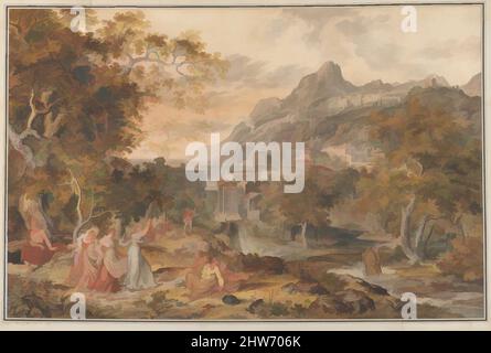 Arte ispirata dalla vista di Vietri con giovani Donne Country Dancing per pastori in primo piano, 1800, inchiostro grigio scuro, acquerello, gouache, gesso nero, inchiostro nero, foglio: 24 5/16 x 37 3/8 pollici (61,7 x 95 cm), disegni, Joseph Anton Koch (Austriaco, Obergibeln bei Elbigenalp 1768–1839 Roma, opere classiche modernizzate da Artotop con un tocco di modernità. Forme, colore e valore, impatto visivo accattivante sulle emozioni artistiche attraverso la libertà delle opere d'arte in modo contemporaneo. Un messaggio senza tempo che persegue una nuova direzione selvaggiamente creativa. Artisti che si rivolgono al supporto digitale e creano l'NFT Artotop Foto Stock
