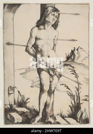 Arte ispirata da San Sebastiano legato alla colonna, ca. 1499, incisione, foglio: 4 3/16 poll. x 3 poll. (10,7 x 7,6 cm), Prints, Albrecht Dürer (tedesco, Norimberga 1471–1528 Norimberga, opere classiche modernizzate da Artotop con un tocco di modernità. Forme, colore e valore, impatto visivo accattivante sulle emozioni artistiche attraverso la libertà delle opere d'arte in modo contemporaneo. Un messaggio senza tempo che persegue una nuova direzione selvaggiamente creativa. Artisti che si rivolgono al supporto digitale e creano l'NFT Artotop Foto Stock