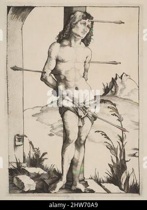 Arte ispirata da San Sebastiano legato alla colonna, ca. 1499, incisione, foglio: 4 5/16 x 3 1/16 poll. (11 x 7,8 cm), Prints, Albrecht Dürer (tedesco, Norimberga 1471–1528 Norimberga, opere classiche modernizzate da Artotop con un tocco di modernità. Forme, colore e valore, impatto visivo accattivante sulle emozioni artistiche attraverso la libertà delle opere d'arte in modo contemporaneo. Un messaggio senza tempo che persegue una nuova direzione selvaggiamente creativa. Artisti che si rivolgono al supporto digitale e creano l'NFT Artotop Foto Stock