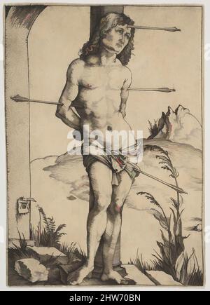 Arte ispirata da San Sebastiano legato alla colonna, ca. 1499, incisione, foglio: 4 1/4 x 2 15/16 poll. (10,8 x 7,5 cm), Prints, Albrecht Dürer (tedesco, Norimberga 1471–1528 Norimberga, opere classiche modernizzate da Artotop con un tocco di modernità. Forme, colore e valore, impatto visivo accattivante sulle emozioni artistiche attraverso la libertà delle opere d'arte in modo contemporaneo. Un messaggio senza tempo che persegue una nuova direzione selvaggiamente creativa. Artisti che si rivolgono al supporto digitale e creano l'NFT Artotop Foto Stock